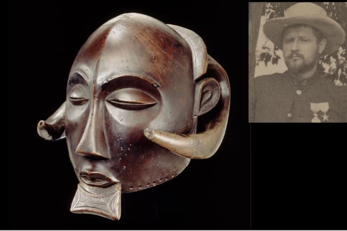 La máscara robada en 1896 a Luulu por Oscar Michaux (recuadro) es una "obra maestra" del Museo de Tervuren.