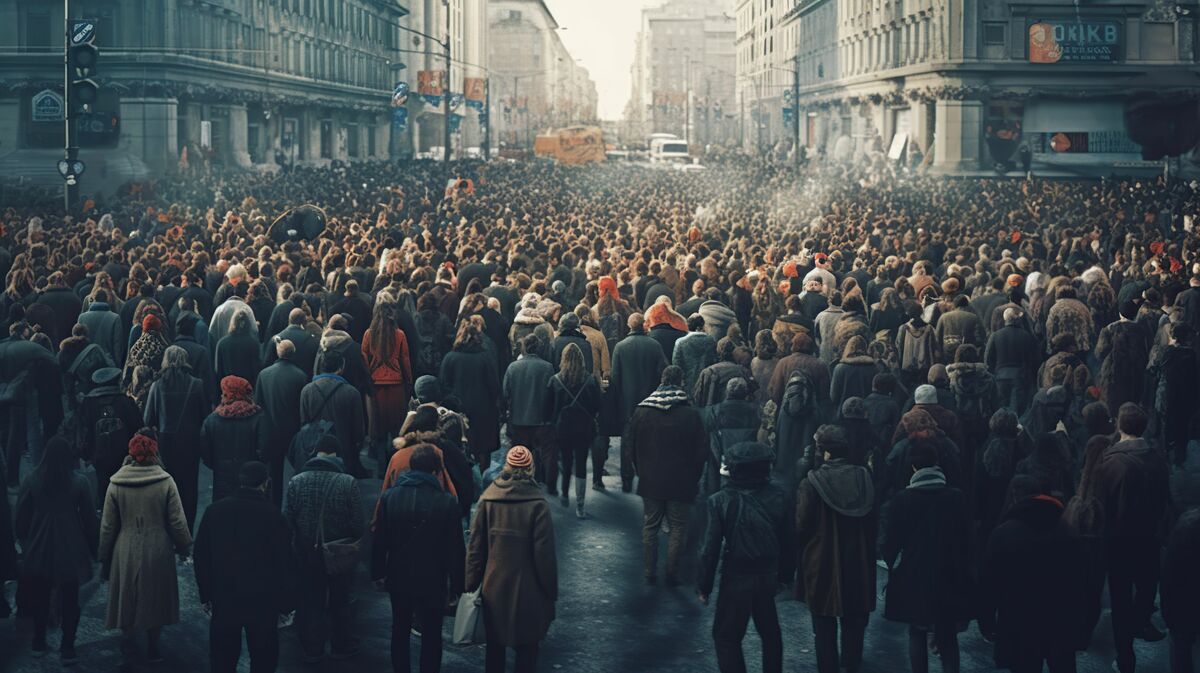 Crowd of people protesting together walking in the city, Generative AI