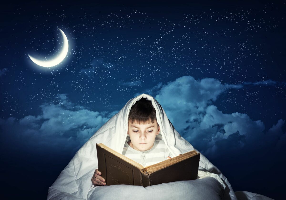 34070380 - cute boy in bed reading book under blanket