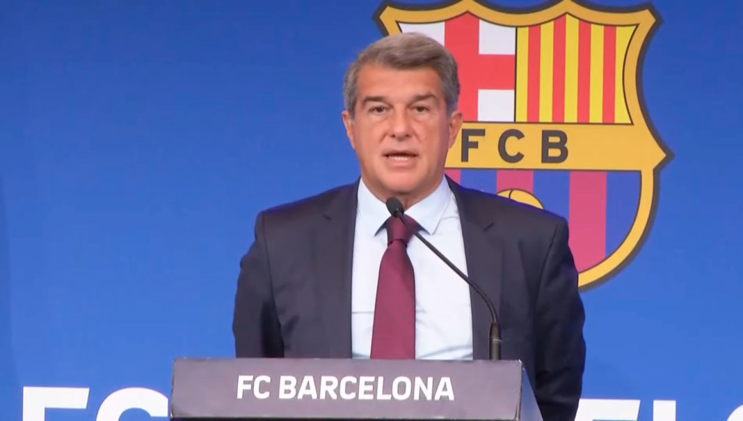 Joan Laporta presidente del FC Barcelona en rueda de prensa esta mañana