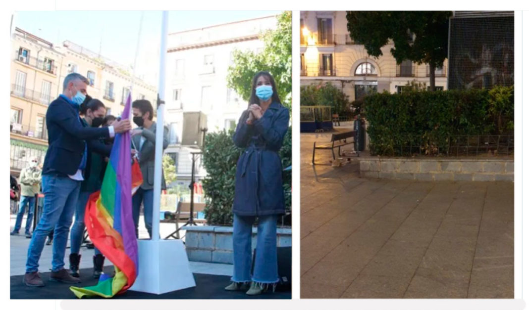 Villacís intenta blanquear su imagen izando una bandera LGTBI+ “permanente” en Chueca, que ya ha sido retirada