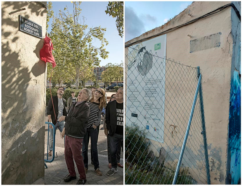 A la izquierda, Ian Gibson inaugura la plaza del fotógrafo Robert Capa, en 2017. A la derecha, imagen de la placa robada.