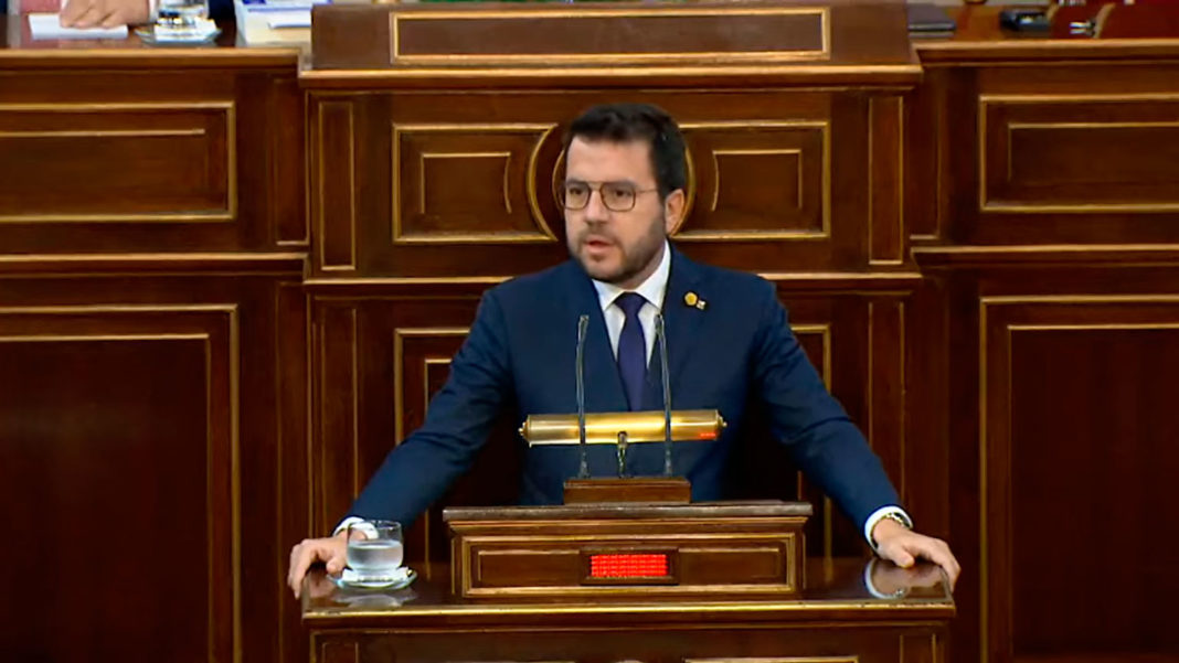 El presidente catalán Pere Aragonès, este jueves en el Senado, en la comisión general de comunidades autónomas.