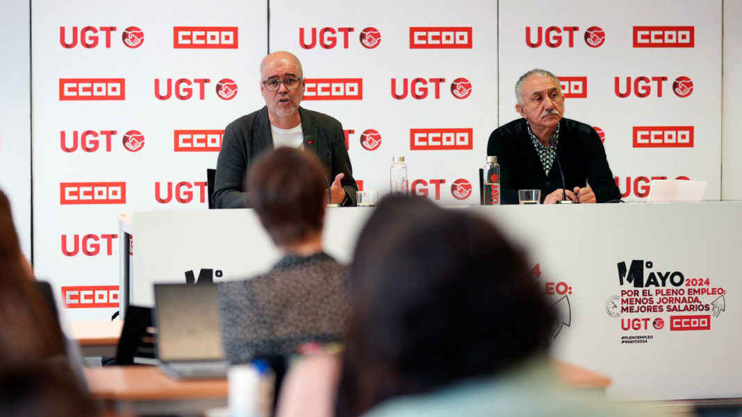 Rueda de prensa para presentar los actos del 1 de mayo, con los secretarios generales de UGT y CCOO, Pepe Álvarez y Unai Sordo