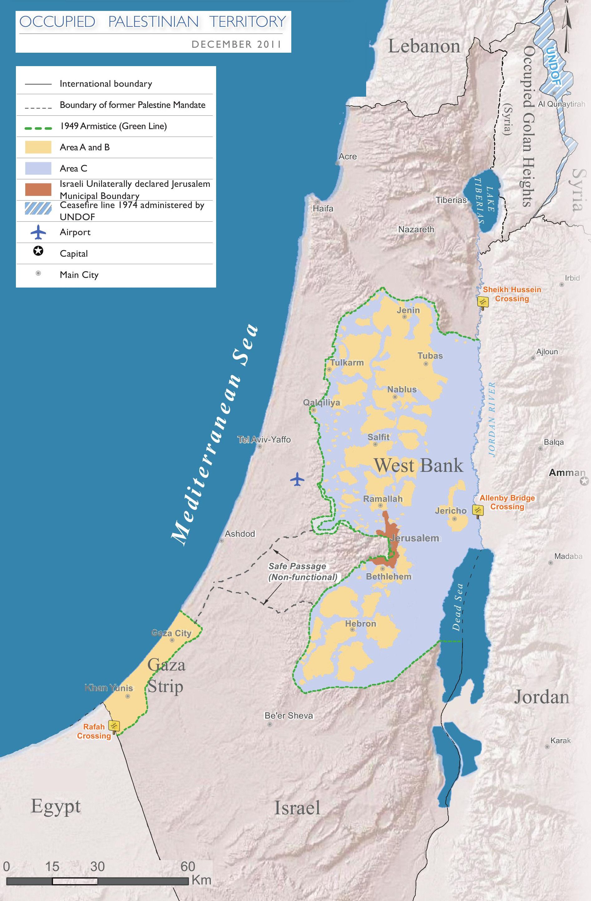 Mapa que muestra Israel y los Territorios Palestinos según lo establecido en los Acuerdos de Oslo. El río Jordán está a la derecha y el mar Mediterráneo a la izquierda.